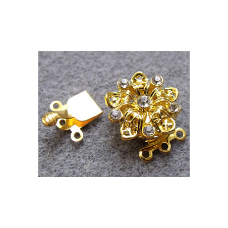 Fermoir 3 rangs doré Fleur strassé 16X16 mm(x1)