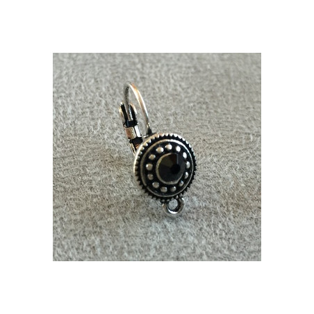 Boucle d'oreille Strass Noir + anneau Vieil Argent rond 10mm (x2)
