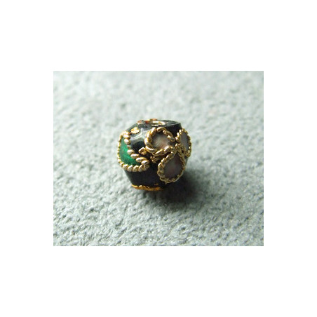 Perle Cloisonnée ronde 6mm Noir motif en relief (x1)