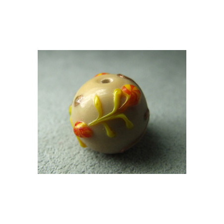 Perle à la lampe motifs végétaux en relief approx. 16mm - Beige (x1)