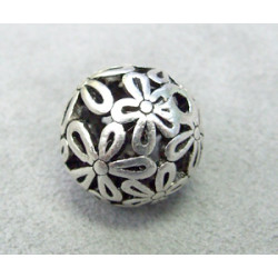 Perle métallisée boule filigranée fleurs 18mm argenté (x1)