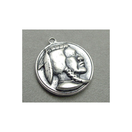 Breloque Argenté Médaille tête d'indien 35mm (x1)